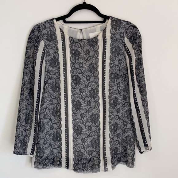J. CREW Black & Cream Silky “Lace” Print Top - Picture 2 of 8
